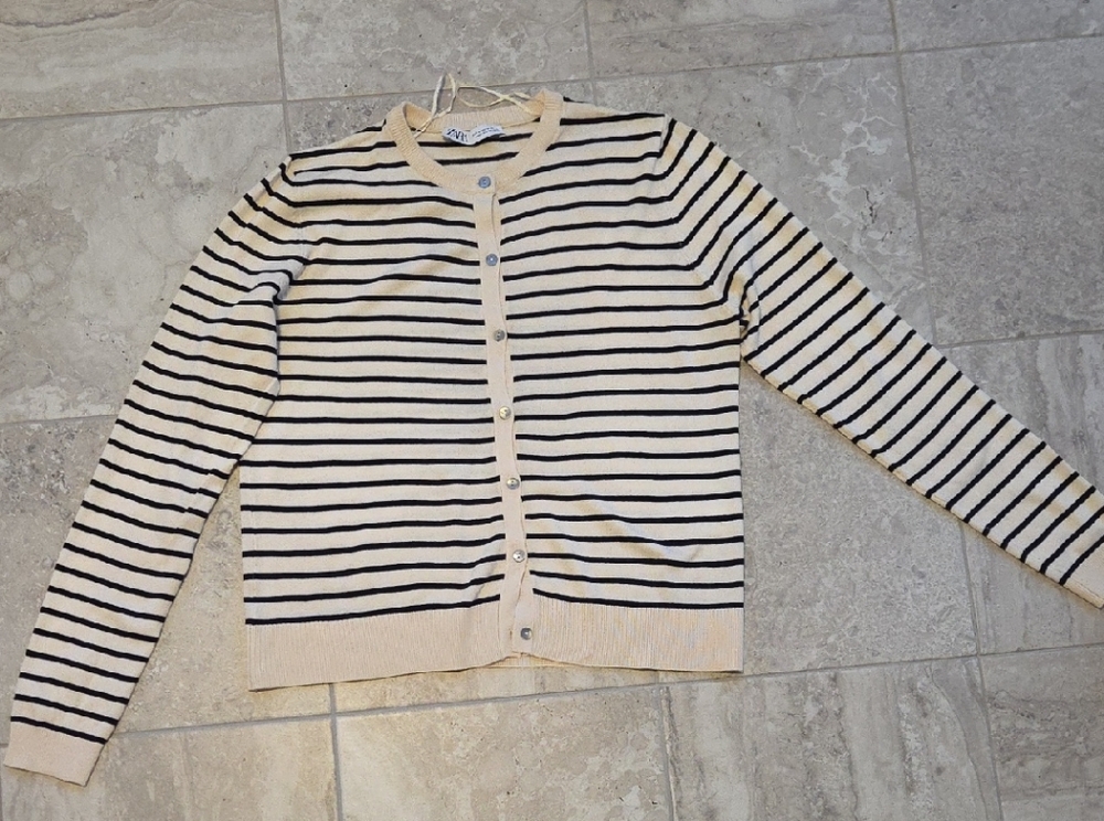 Zara Cream and Black Striped Sweater